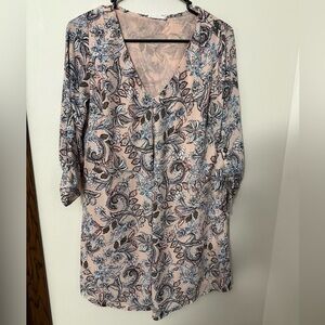Lush Floral V-Neck Blouse - Pink and Blue